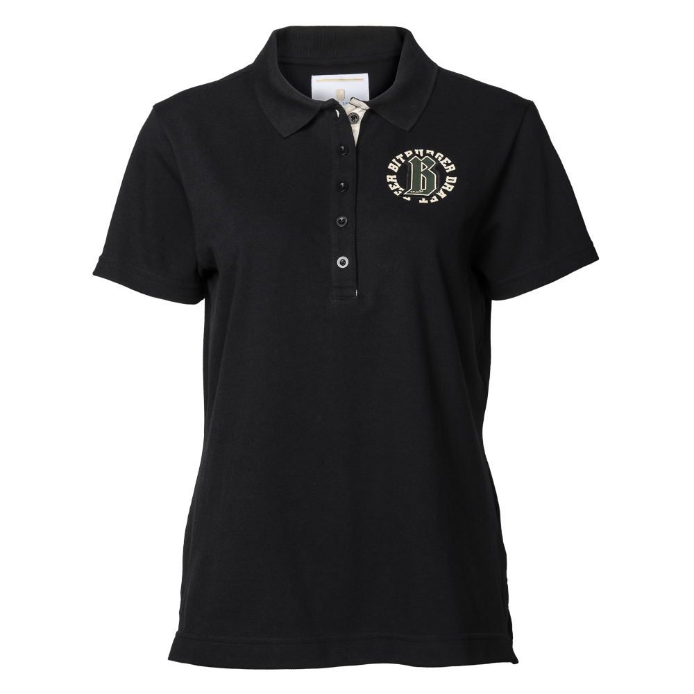 Schwarzes Poloshirt aus Baumwolle mit dunkelgrün-beigen Bitburger B Logo