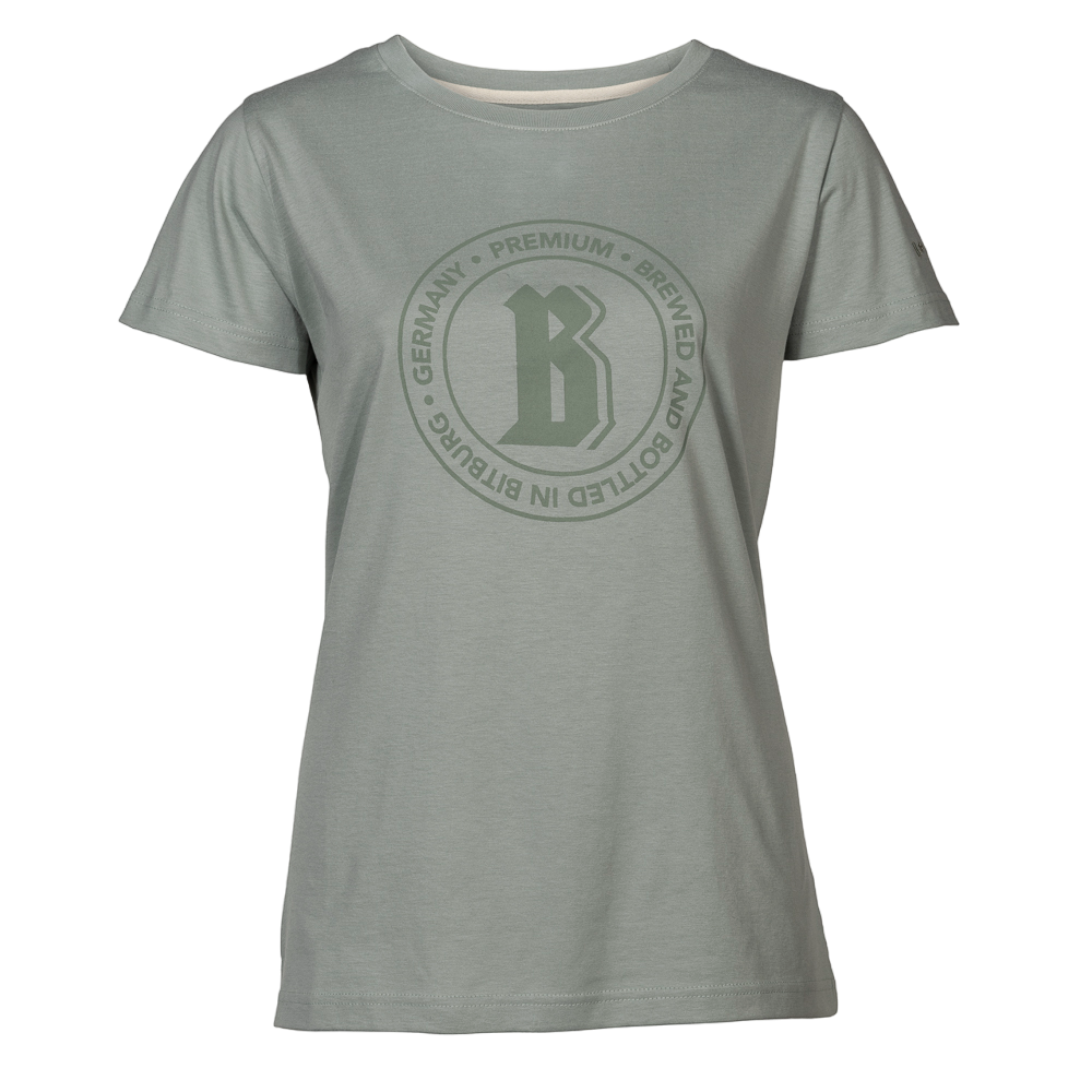 Lindgrünes T-Shirt aus Baumwolle mit dunkelgrünem Bitburger-B in der Mitte