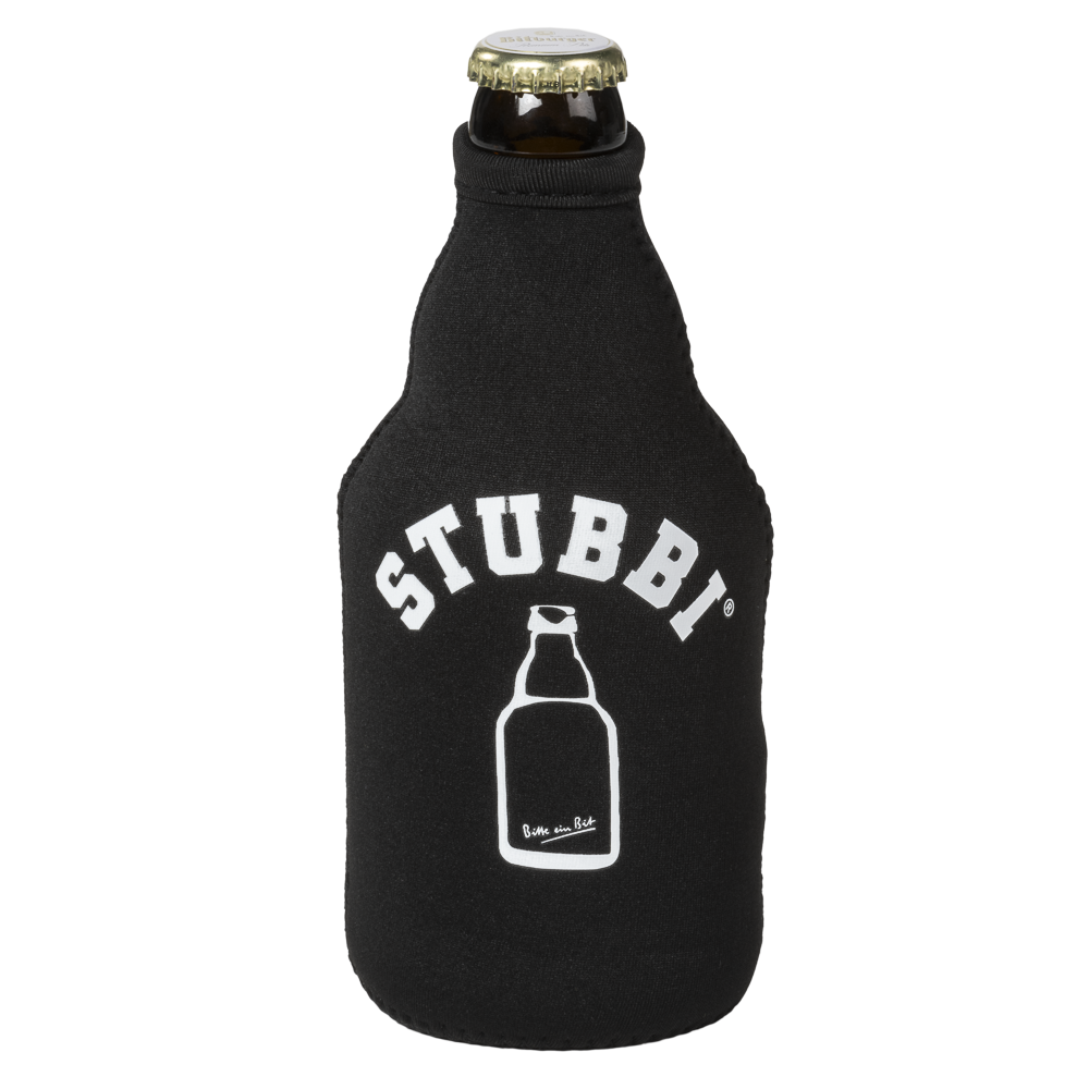 Schwarzer Flaschenkühler aus Neopren mit weißem Stubbi Logo