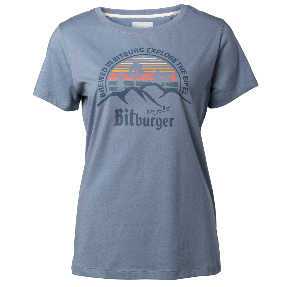 Graublaues T-Shirt aus Baumwolle mit bunten Bitburger "Explore the Eifel" Logo