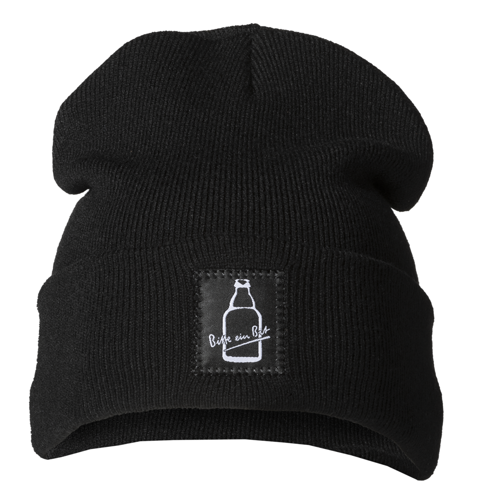 Schwarze Strickmütze mit weißem Stubbi-Weblabel