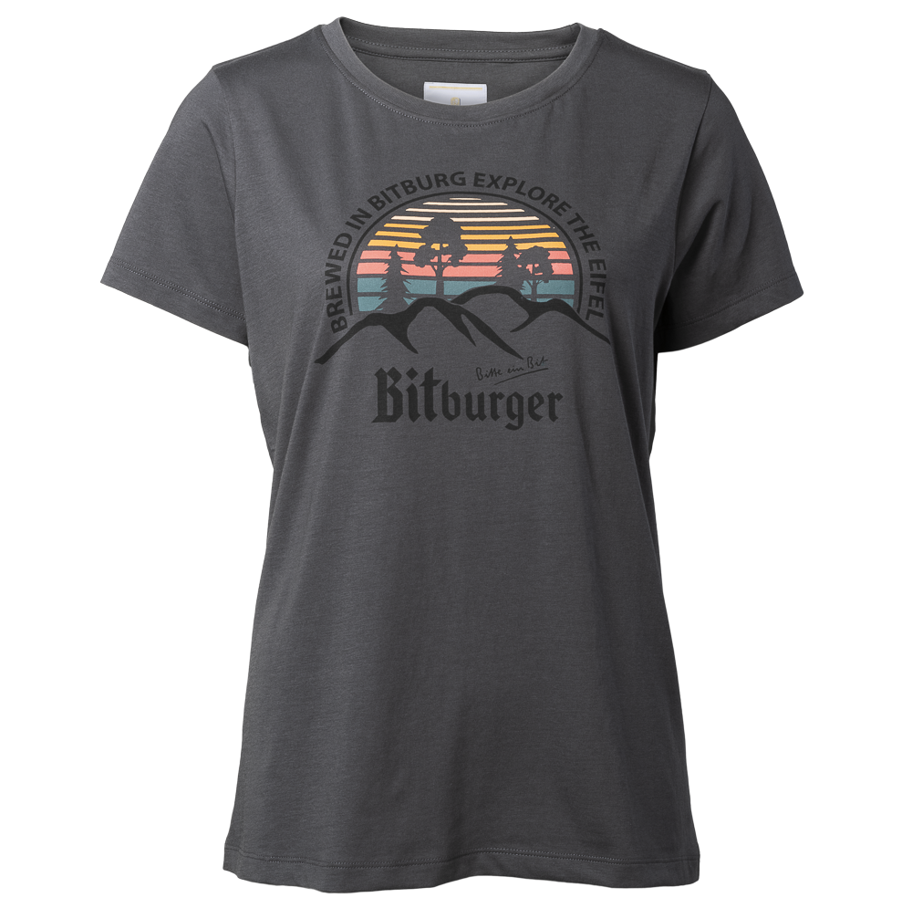 Dunkelgraues T-Shirt aus Baumwolle mit bunten Bitburger "Explore the Eifel" Logo
