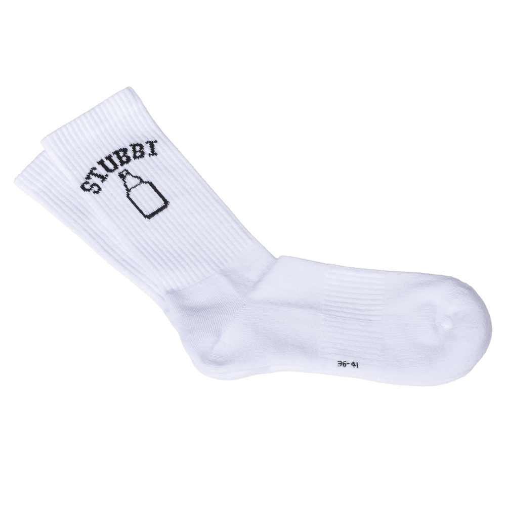 Weiße Tennissocken mit schwarzen Bitburger Stubbi Logo
