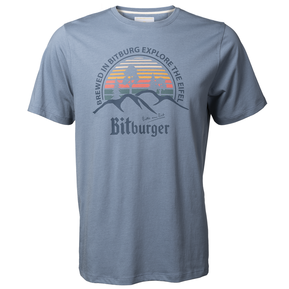 Graublaues T-Shirt aus Baumwolle mit bunten Bitburger "Explore the Eifel" Logo